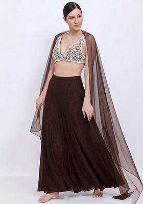 Brown Chinon Embellished Handwork Lehenga Set