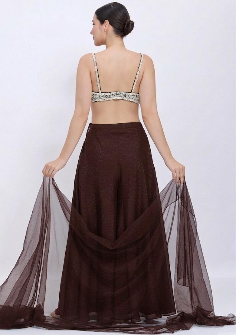 Brown Chinon Embellished Handwork Lehenga Set - Indya