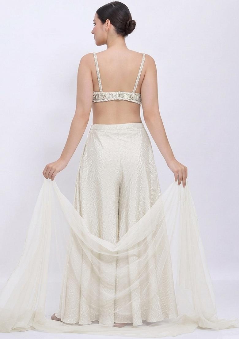 Soft White Chinon Embellished Handwork Lehenga Set - Indya