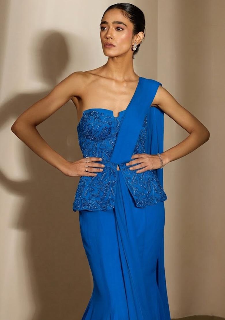 Blue Crepe Embellished Handwork Fusion Set - Indya