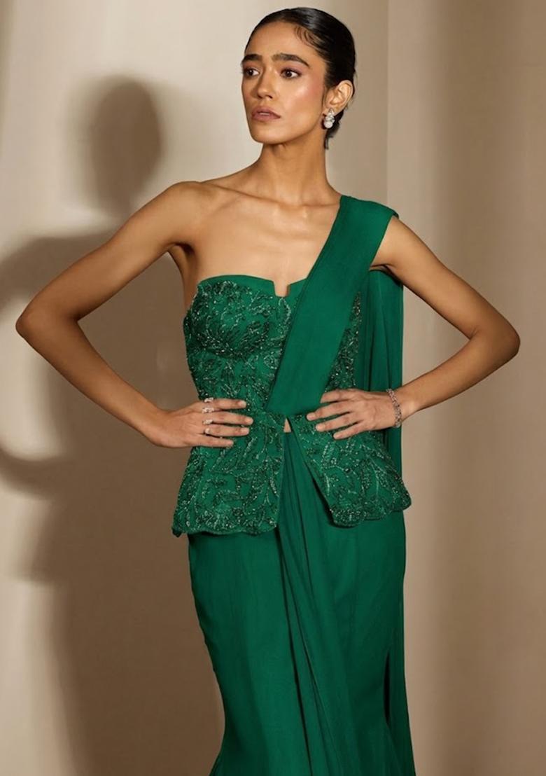 Teal Crepe Embellished Handwork Fusion Set - Indya