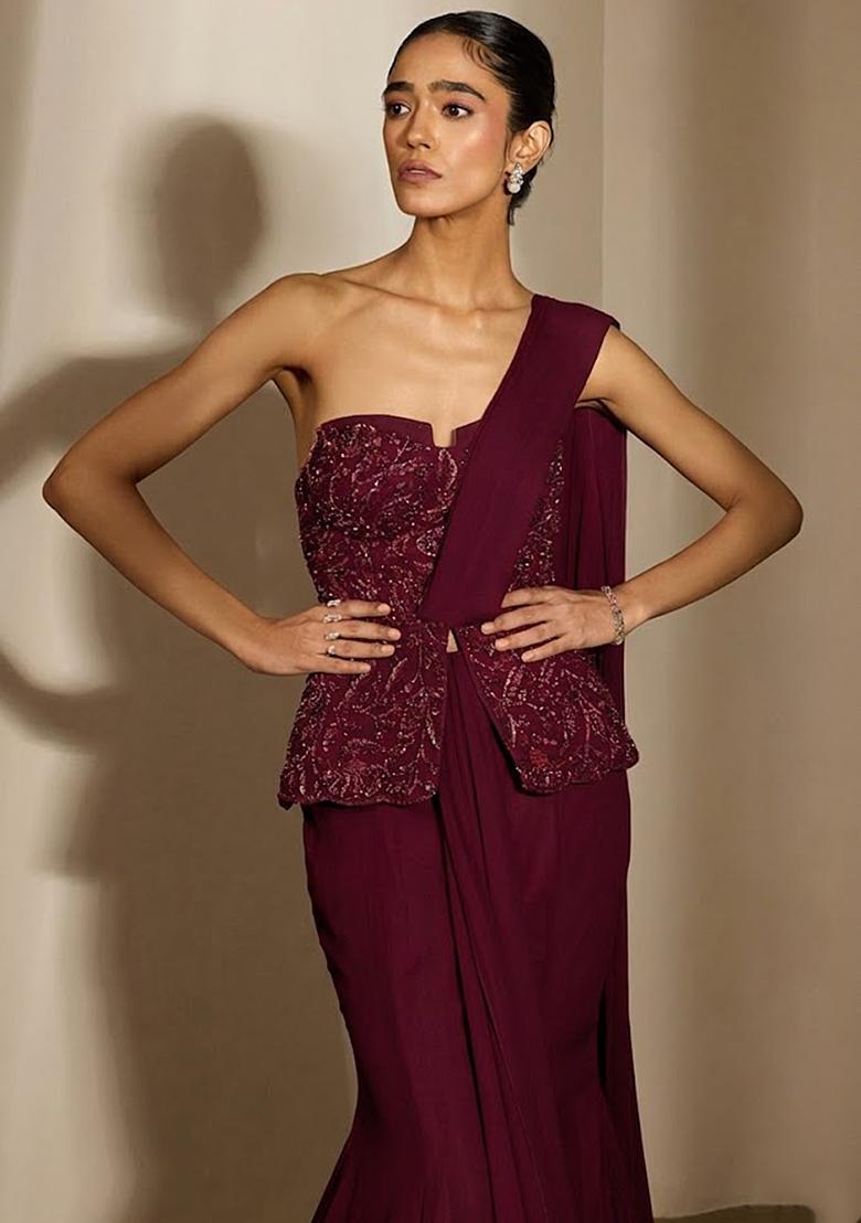 Wine Crepe Embellished Handwork Fusion Set - Indya