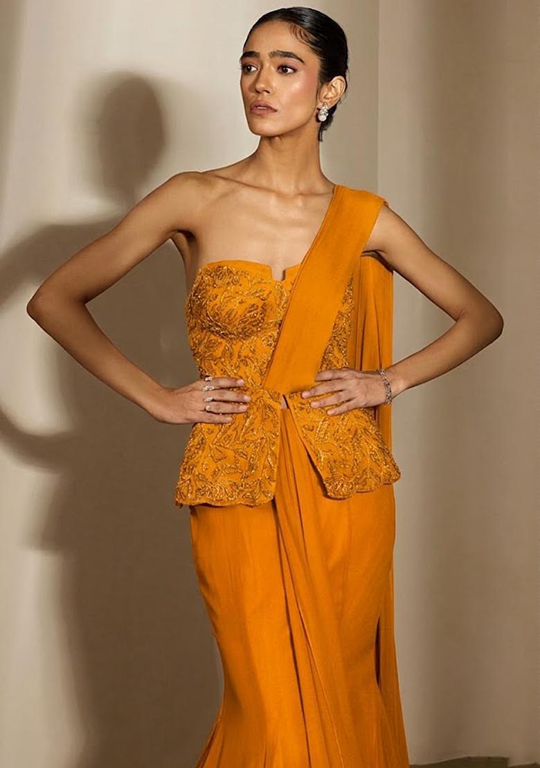 Yellow Crepe Embellished Handwork Fusion Set - Indya