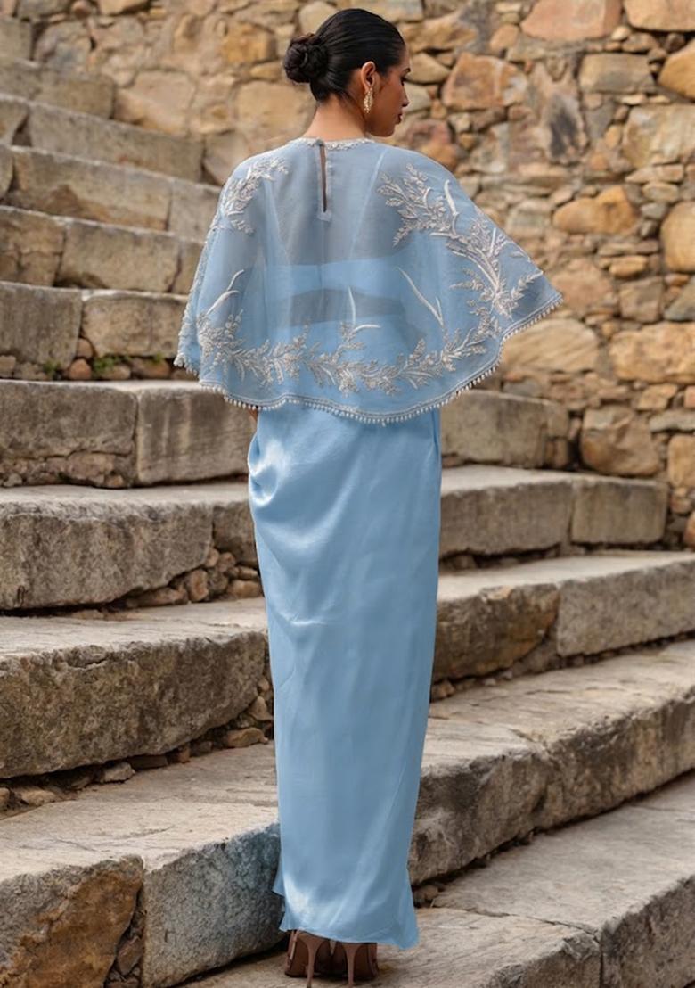 Powder Blue Crepe Embroidered Handwork Fusion Set - Indya