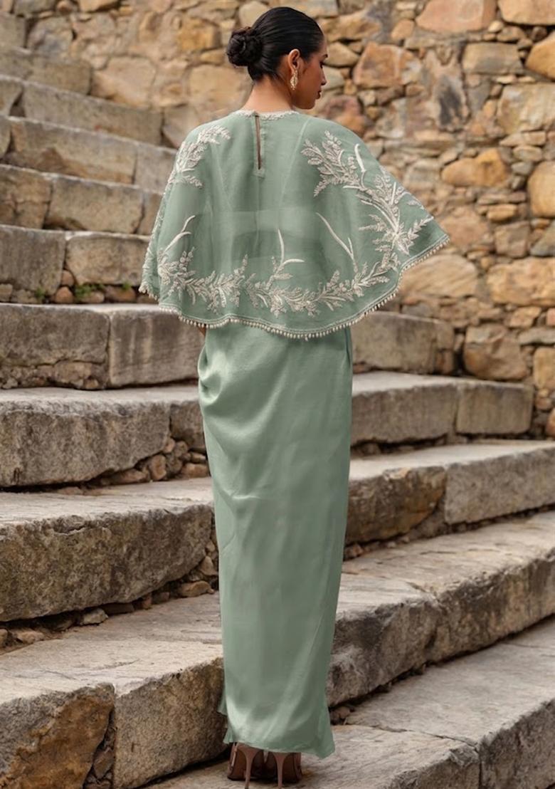 Grey Crepe Embroidered Handwork Fusion Set - Indya