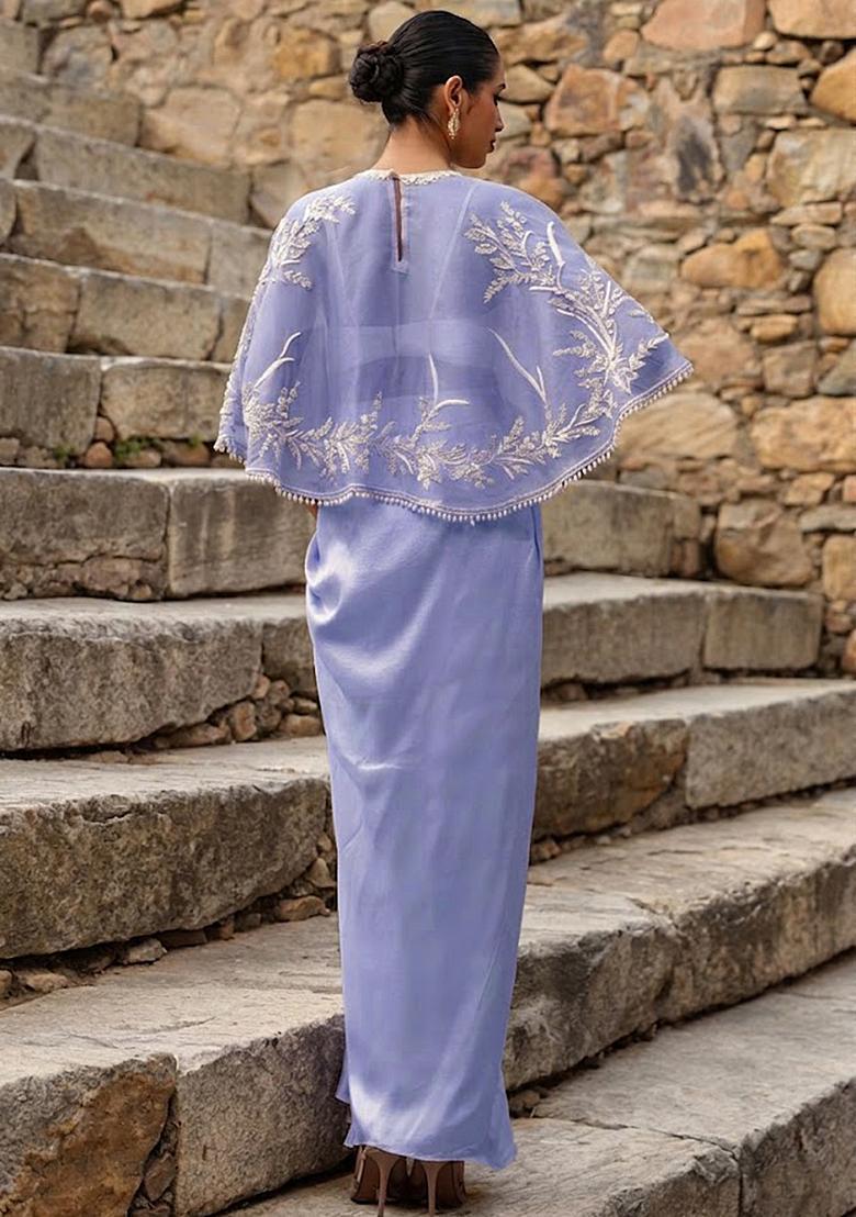 Lavender Crepe Embroidered Handwork Fusion Set - Indya