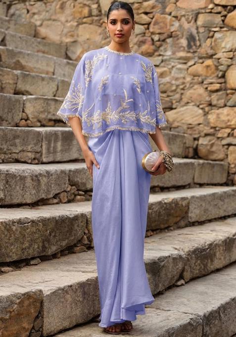 Lavender Crepe Embroidered Handwork Fusion Set