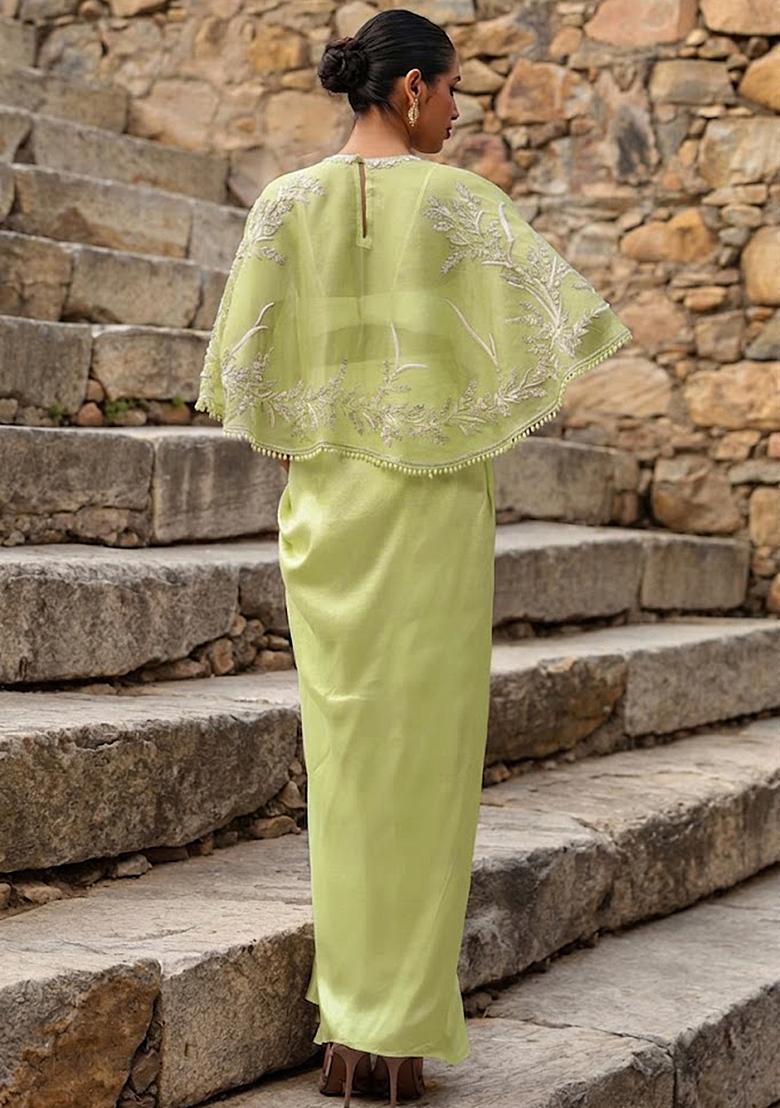 Lime Green Crepe Embroidered Handwork Fusion Set - Indya