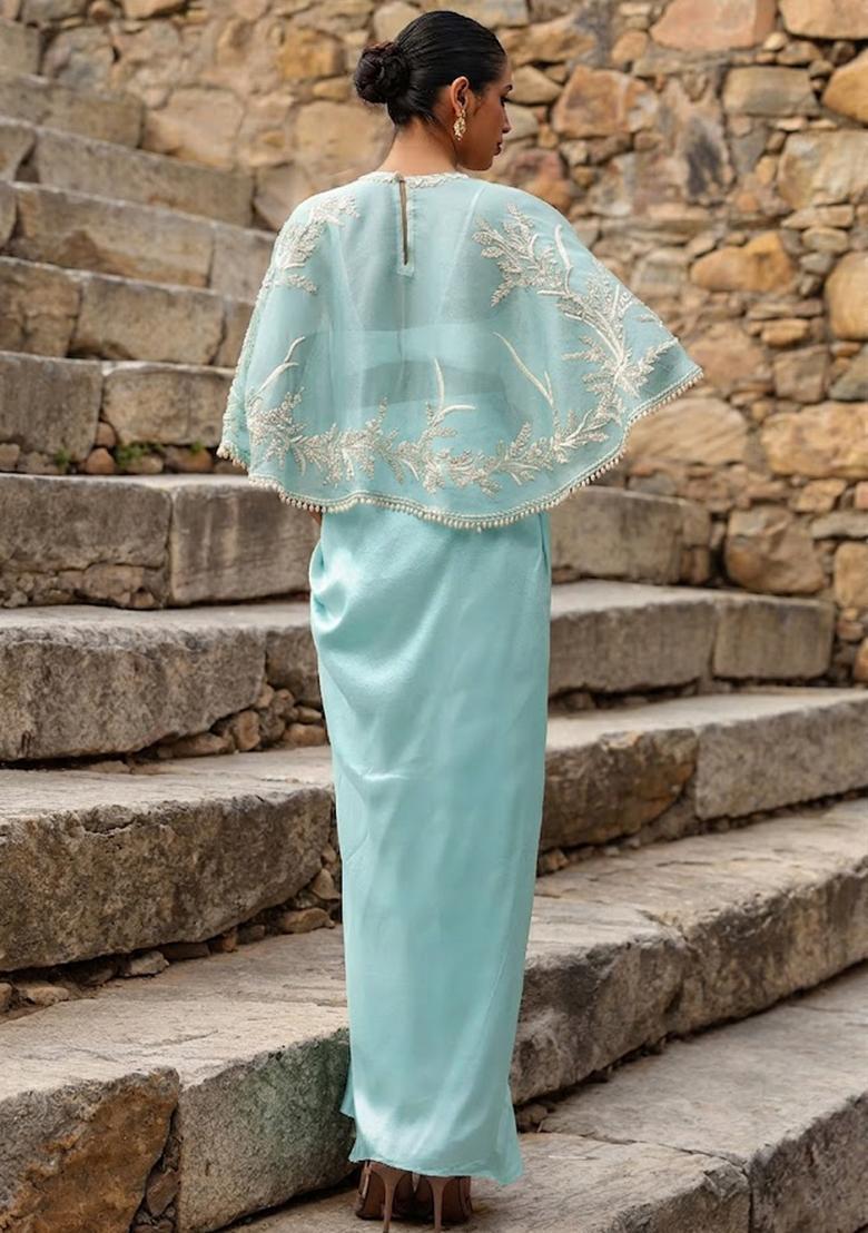 Mint Green Crepe Embroidered Handwork Fusion Set - Indya