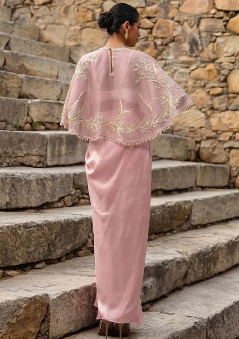 Pink Crepe Embroidered Handwork Fusion Set - Indya
