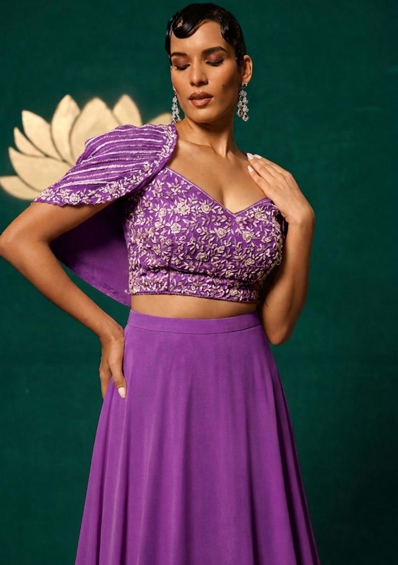 Magenta Pink Crepe Embroidered Handwork Lehenga Set - Indya