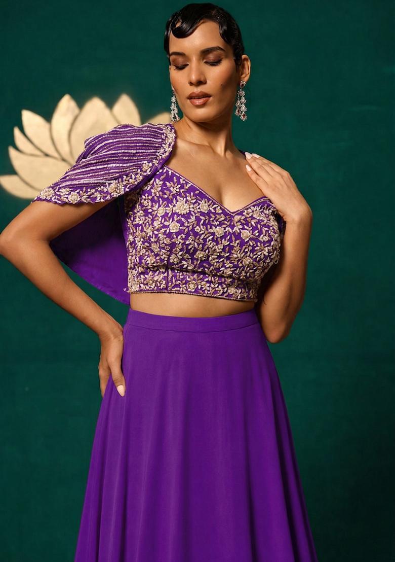 Violet Crepe Embroidered Handwork Lehenga Set - Indya