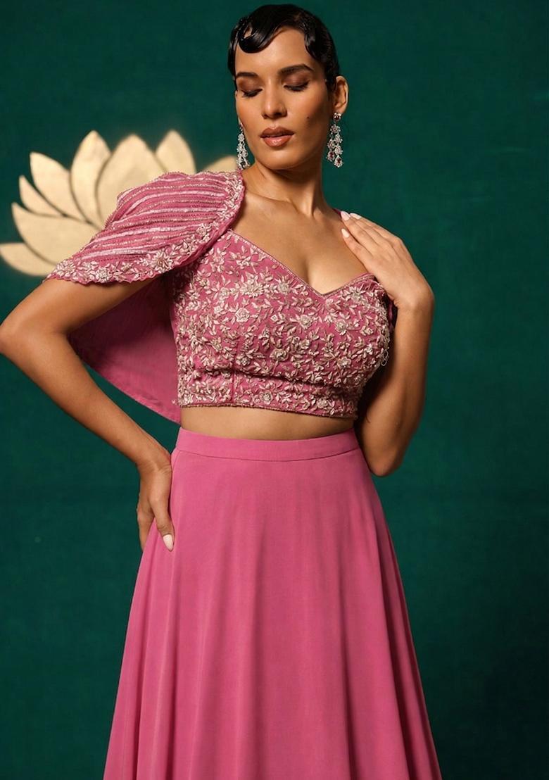 Plum Crepe Embroidered Handwork Lehenga Set - Indya