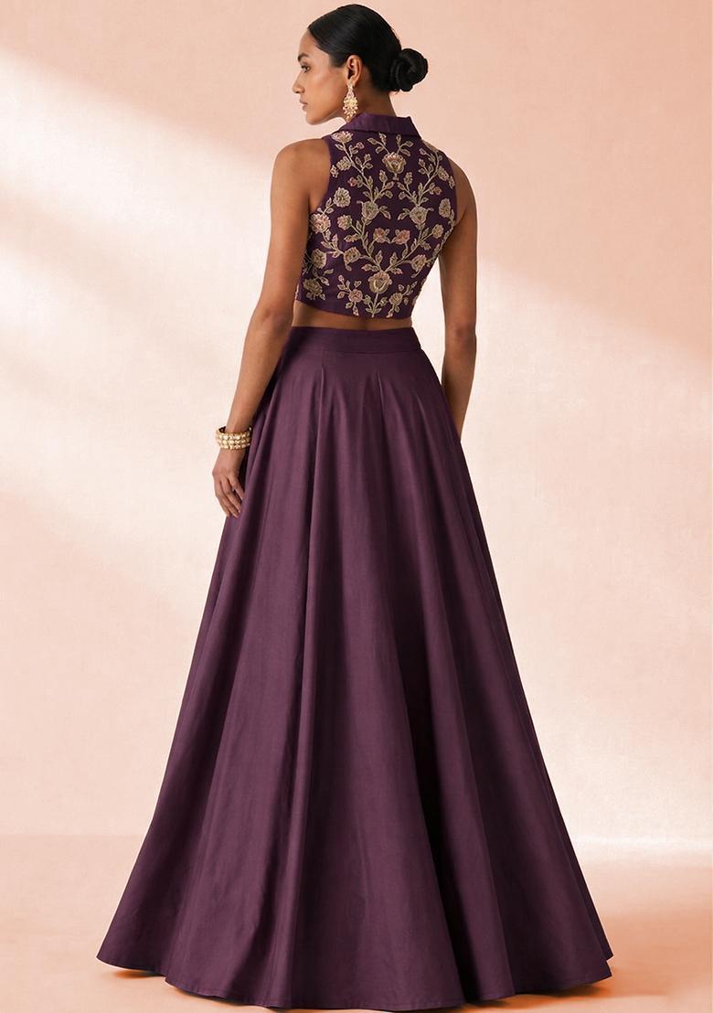 Deep Purple Crepe Embroidered Handwork Lehenga Set - Indya