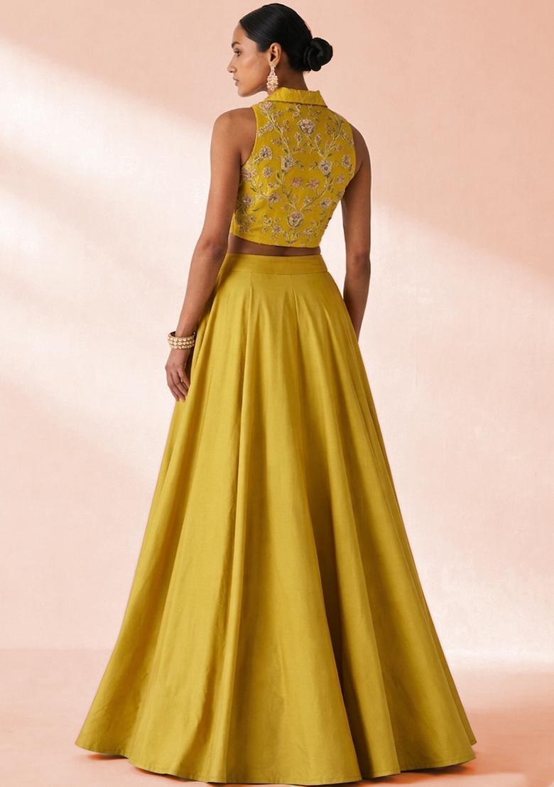 Pastel Yellow Crepe Embroidered Handwork Lehenga Set - Indya