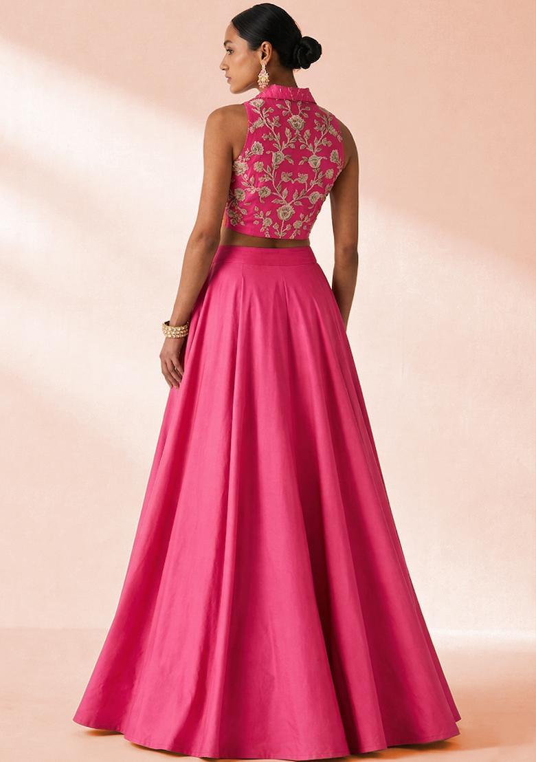 Fuchsia Pink Crepe Embroidered Handwork Lehenga Set - Indya