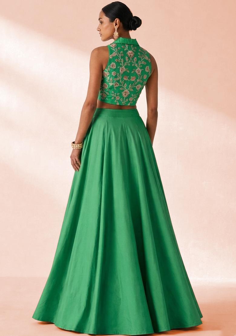 Tropical Green Crepe Embroidered Handwork Lehenga Set - Indya