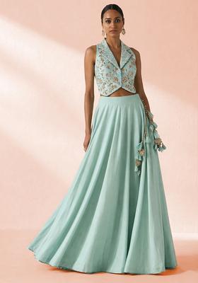 Mint Green Crepe Embroidered Handwork Lehenga Set