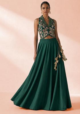 Dark Green Crepe Embroidered Handwork Lehenga Set