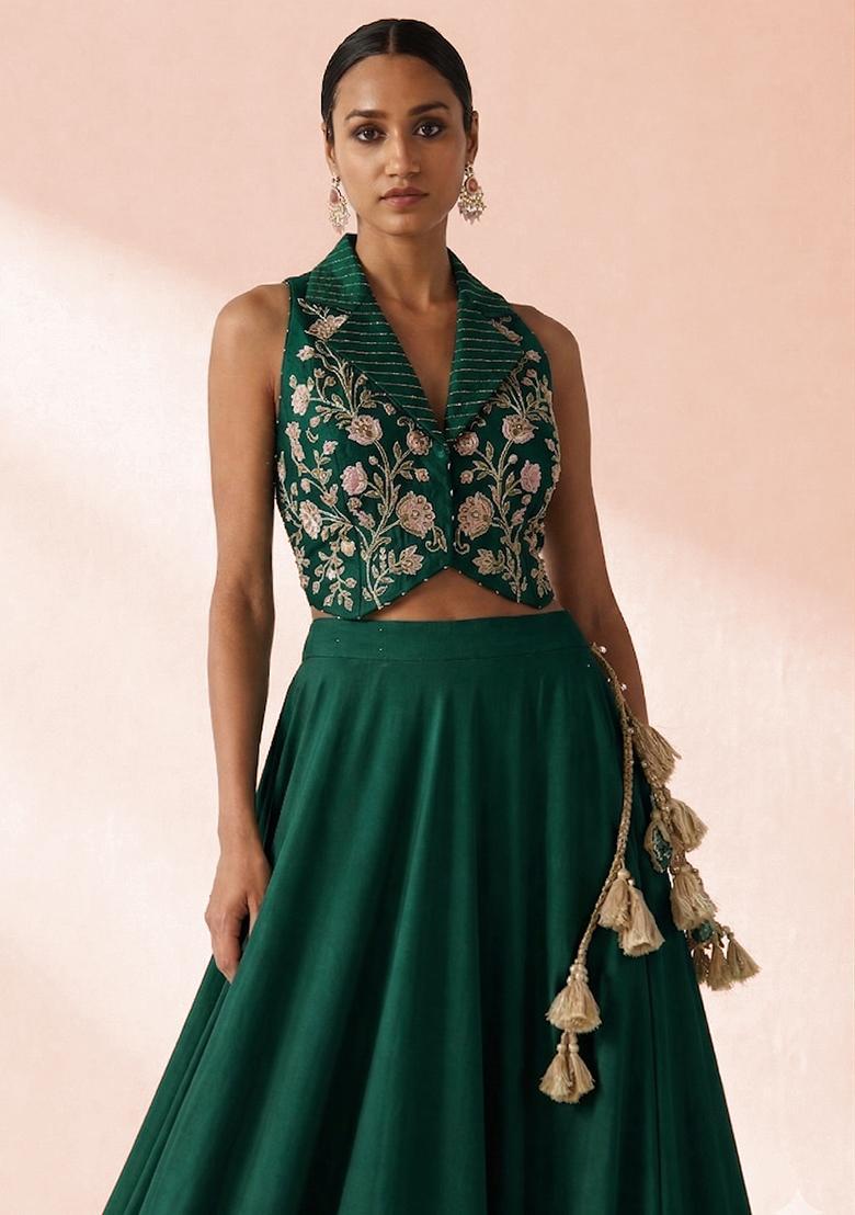 Dark Green Crepe Embroidered Handwork Lehenga Set - Indya