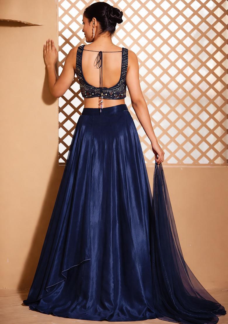 Navy Blue Crepe Embroidered Handwork Lehenga Set - Indya