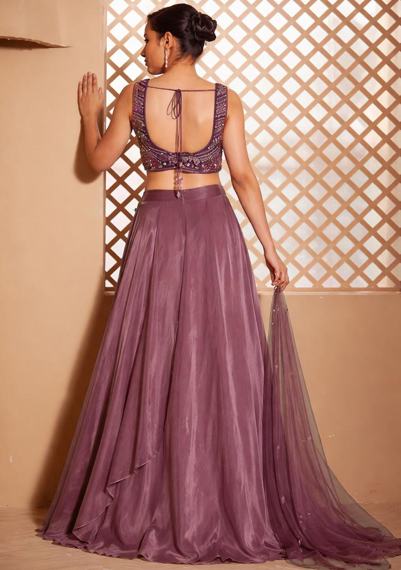 Mauve Crepe Embroidered Handwork Lehenga Set - Indya