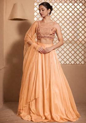 Nude Peach Crepe Embroidered Handwork Lehenga Set