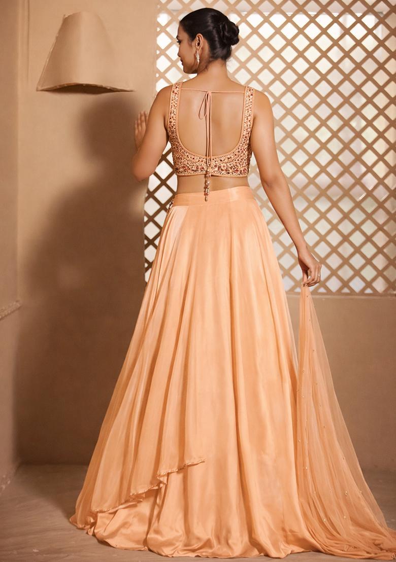 Nude Peach Crepe Embroidered Handwork Lehenga Set - Indya