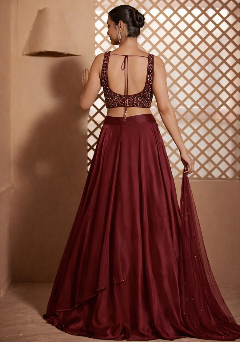 Burgundy Crepe Embroidered Handwork Lehenga Set - Indya