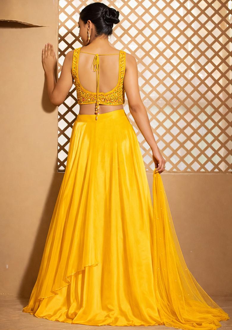 Sun Yellow Crepe Embroidered Handwork Lehenga Set - Indya