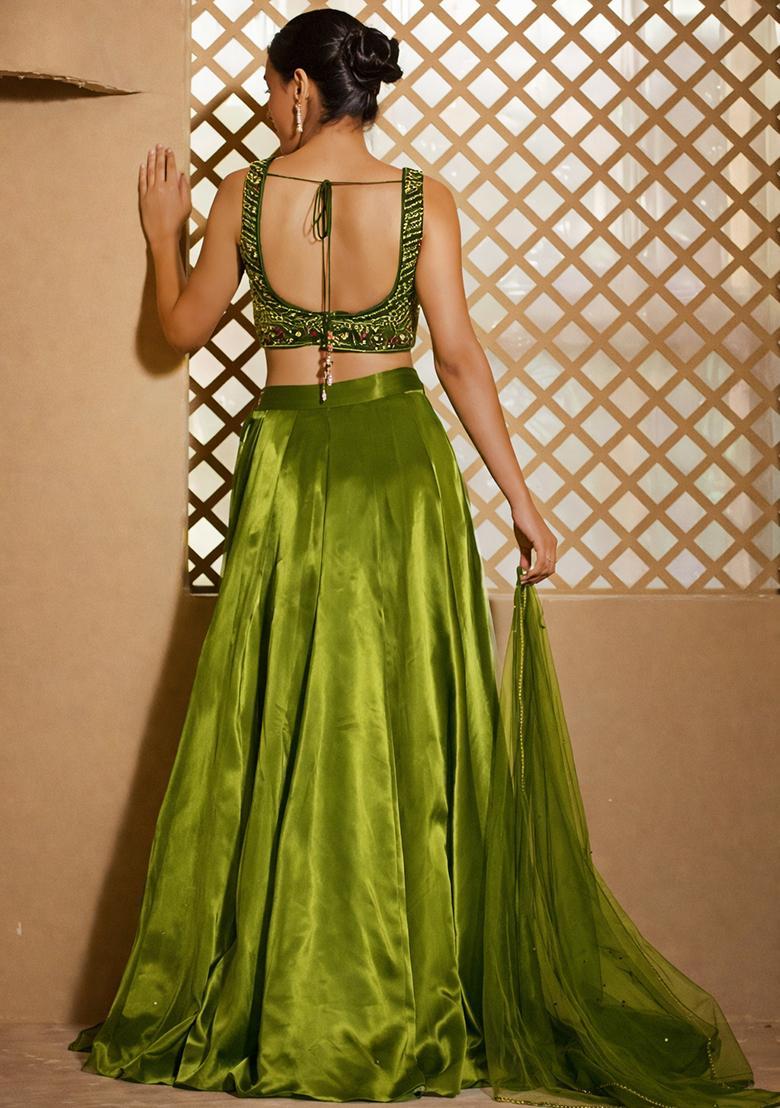 Muted Green Crepe Embroidered Handwork Lehenga Set - Indya