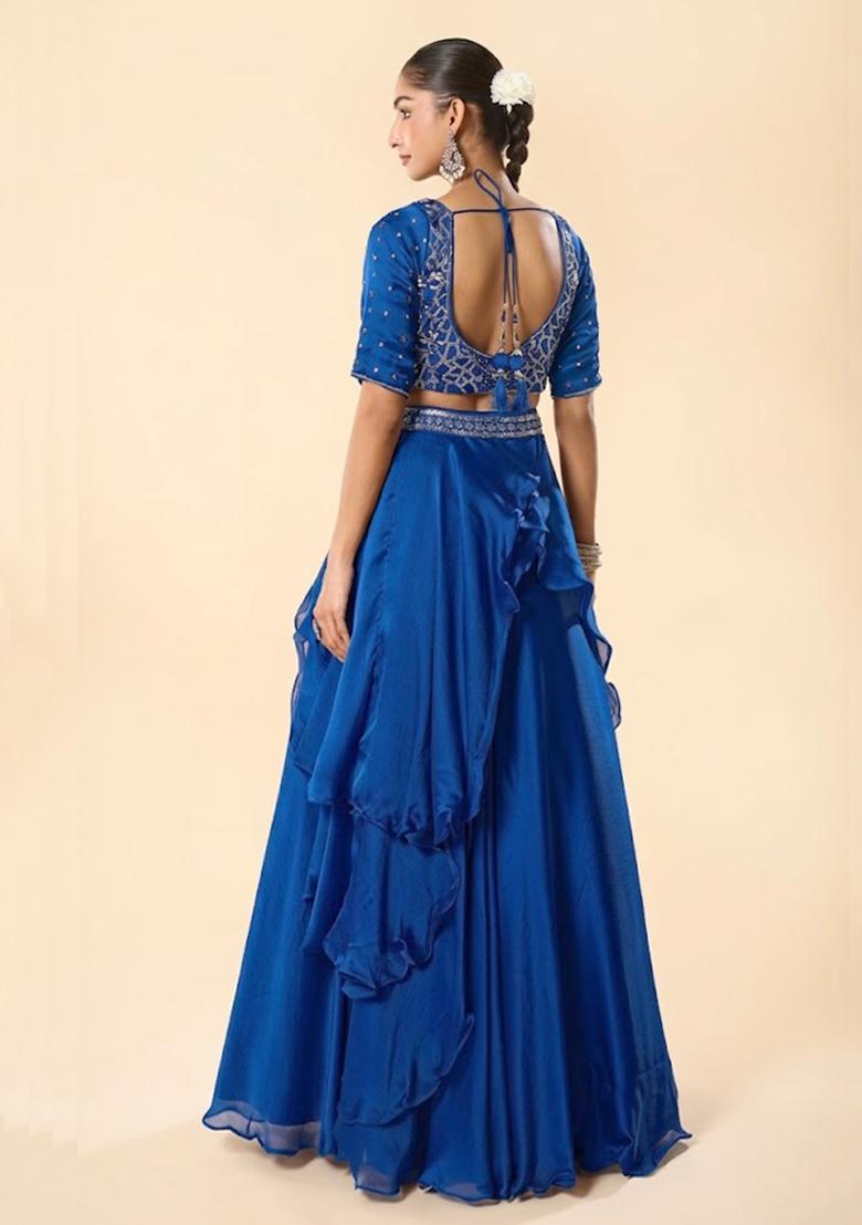 Royal Blue Chinon Embroidered Handwork Lehenga Set - Indya