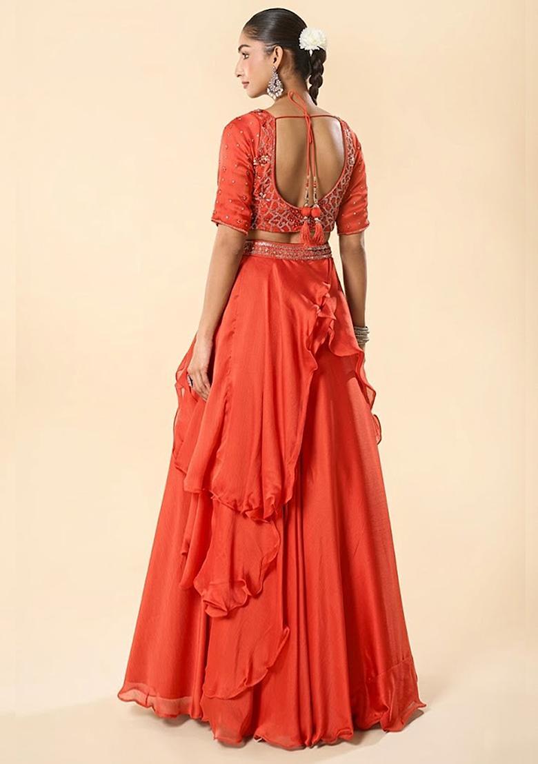 Orange Chinon Embroidered Handwork Lehenga Set - Indya