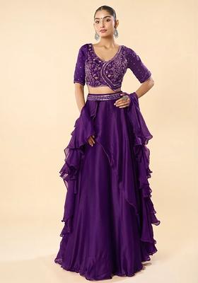Purple Chinon Embroidered Handwork Lehenga Set