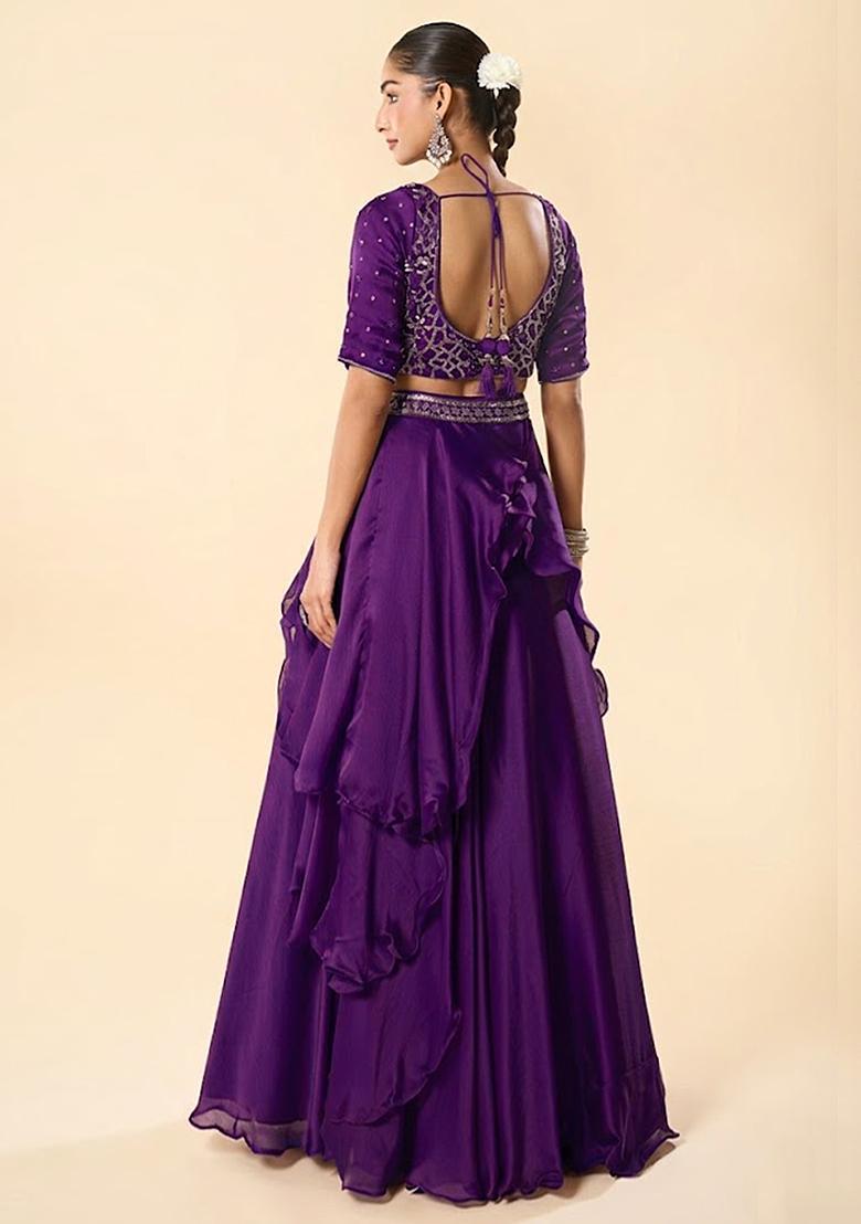 Purple Chinon Embroidered Handwork Lehenga Set - Indya
