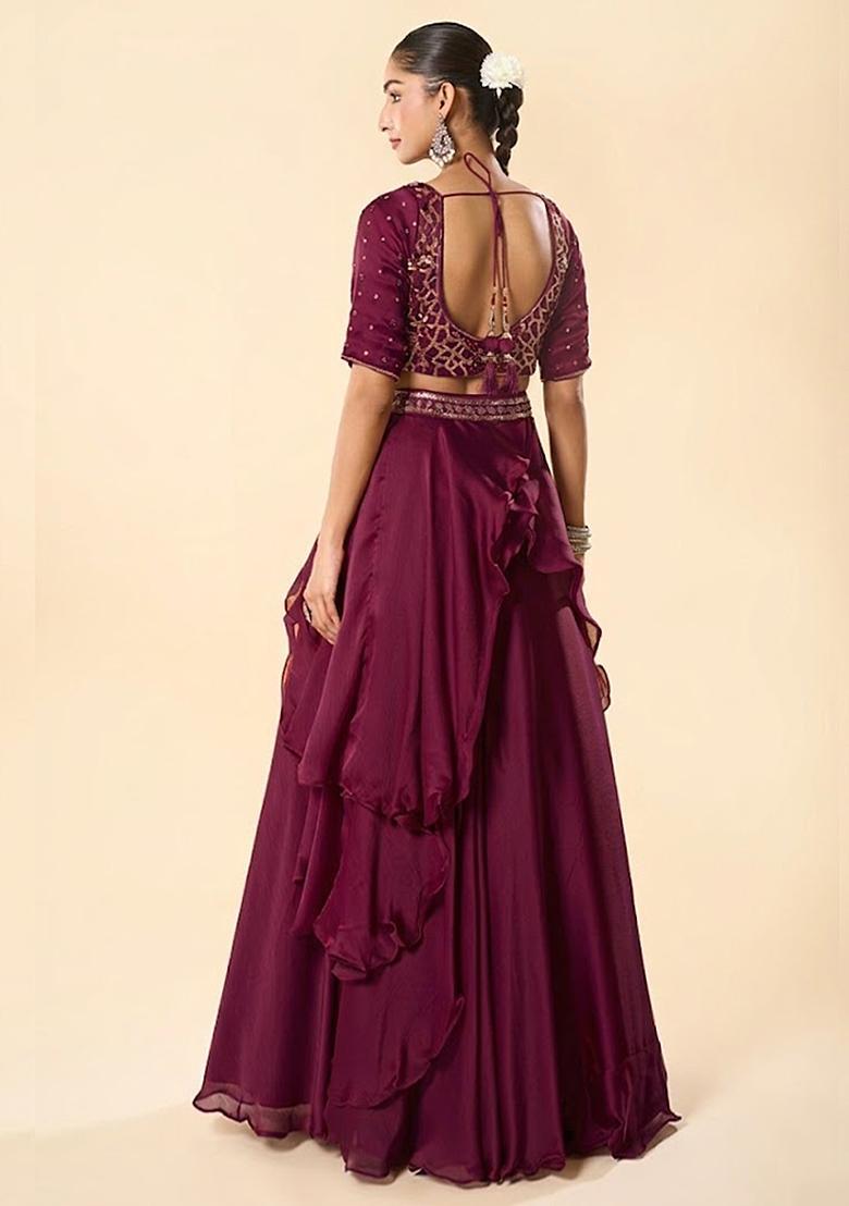 Wine Chinon Embroidered Handwork Lehenga Set - Indya
