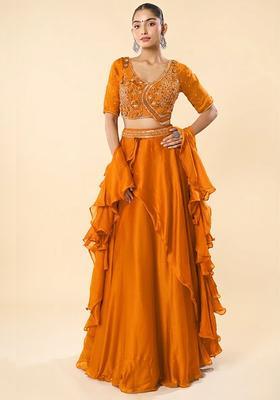 Yellow Chinon Embroidered Handwork Lehenga Set