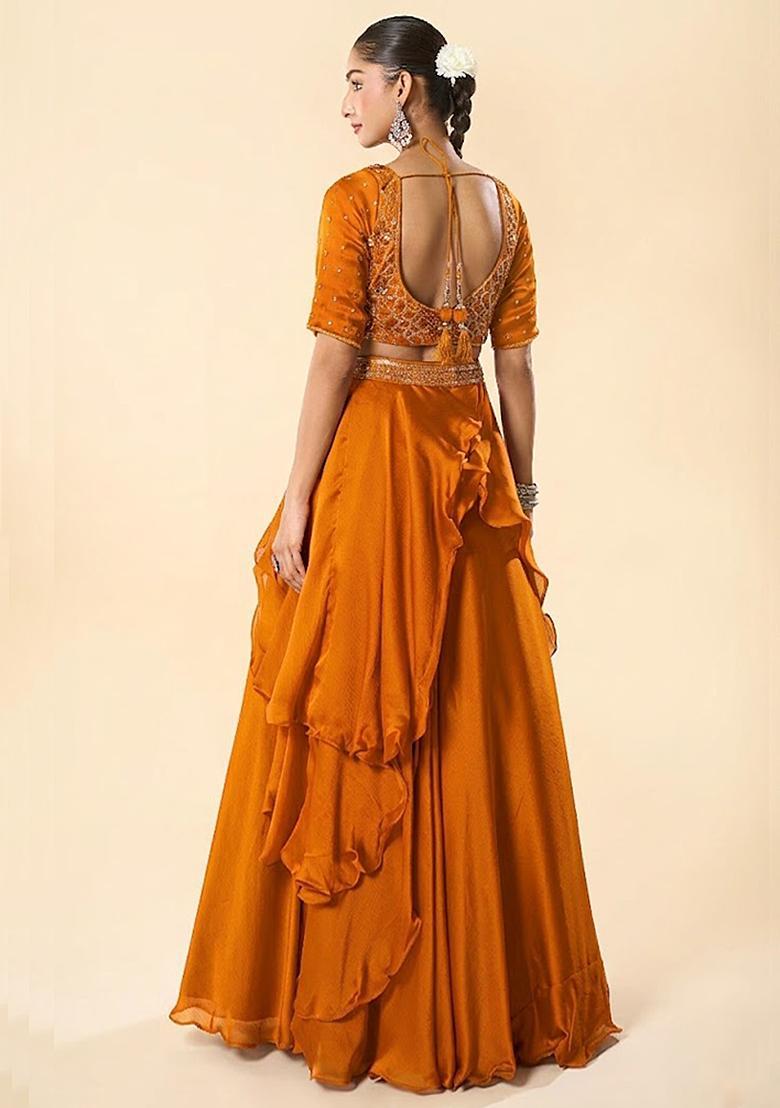 Yellow Chinon Embroidered Handwork Lehenga Set - Indya