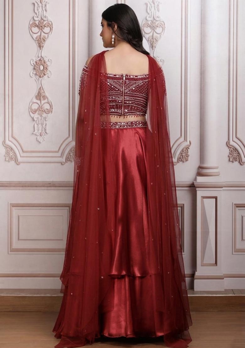 Red Satin Embellished Handwork Lehenga Set - Indya