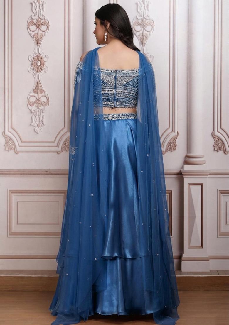 Violet Satin Embellished Handwork Lehenga Set - Indya