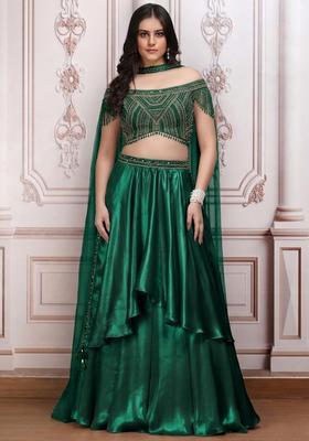 Moss Green Satin Embellished Handwork Lehenga Set