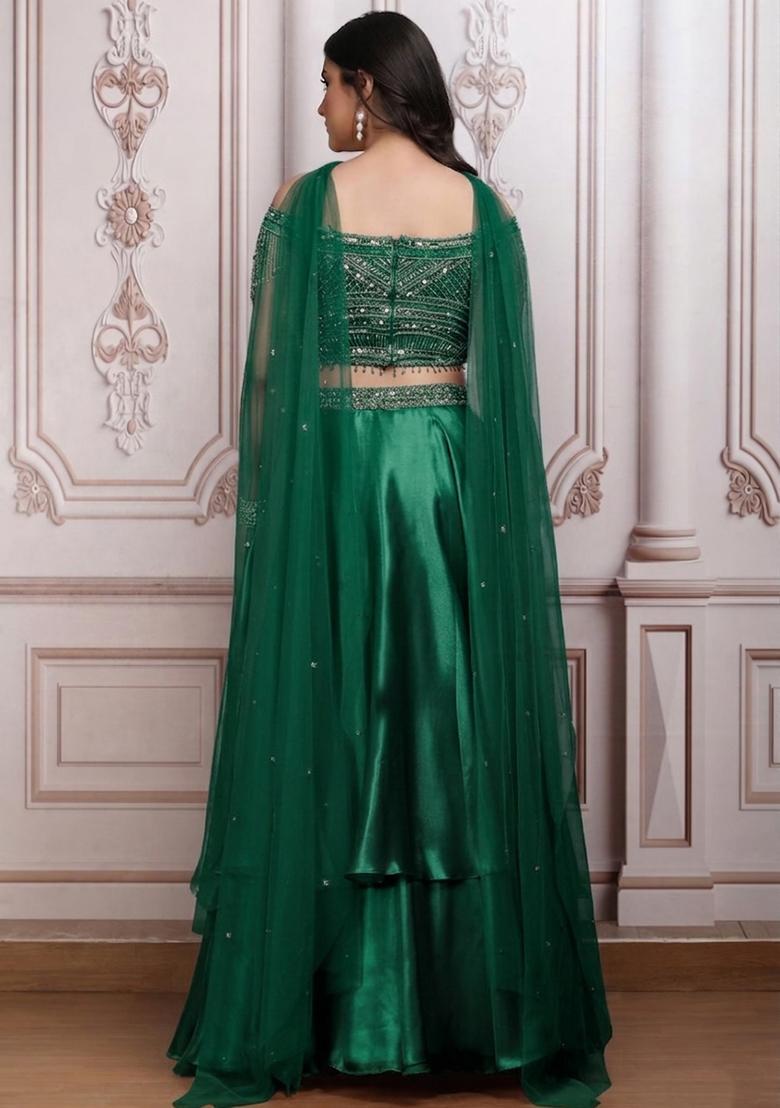 Moss Green Satin Embellished Handwork Lehenga Set - Indya