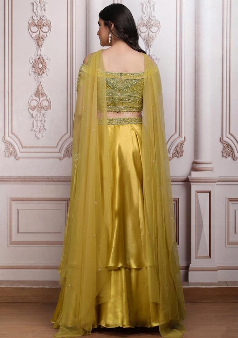 Mint Green Satin Embellished Handwork Lehenga Set - Indya