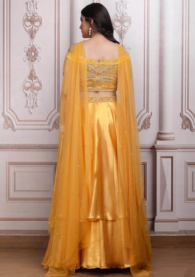 Golden Yellow Satin Embellished Handwork Lehenga Set - Indya