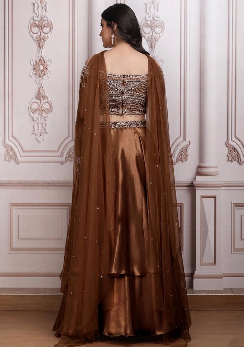 Toffee Brown Satin Embellished Handwork Lehenga Set - Indya