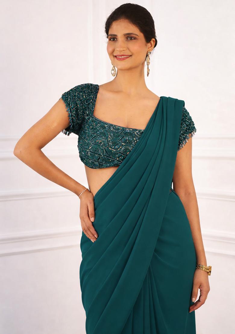Deep Teal Georgette Embroidered Handwork Pre Draped Saree Set - Indya