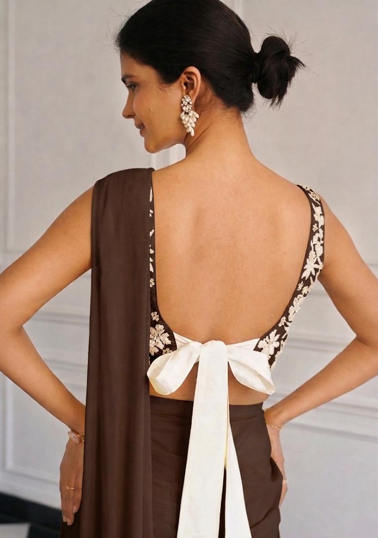 Dark Brown Chinon Embroidered Handwork Pre Draped Saree Set - Indya