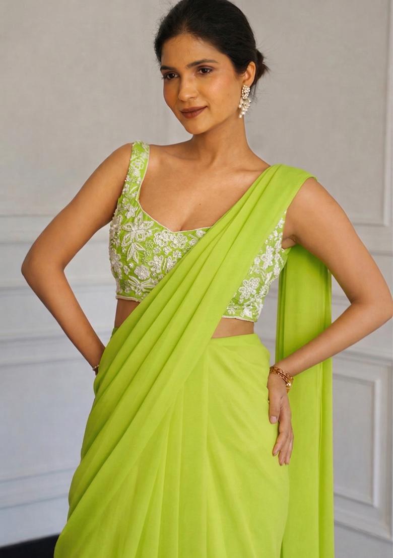 Lime Green Chinon Embroidered Handwork Pre Draped Saree Set - Indya
