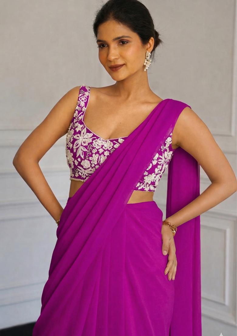 Vivid Purple Chinon Embroidered Handwork Pre Draped Saree Set - Indya