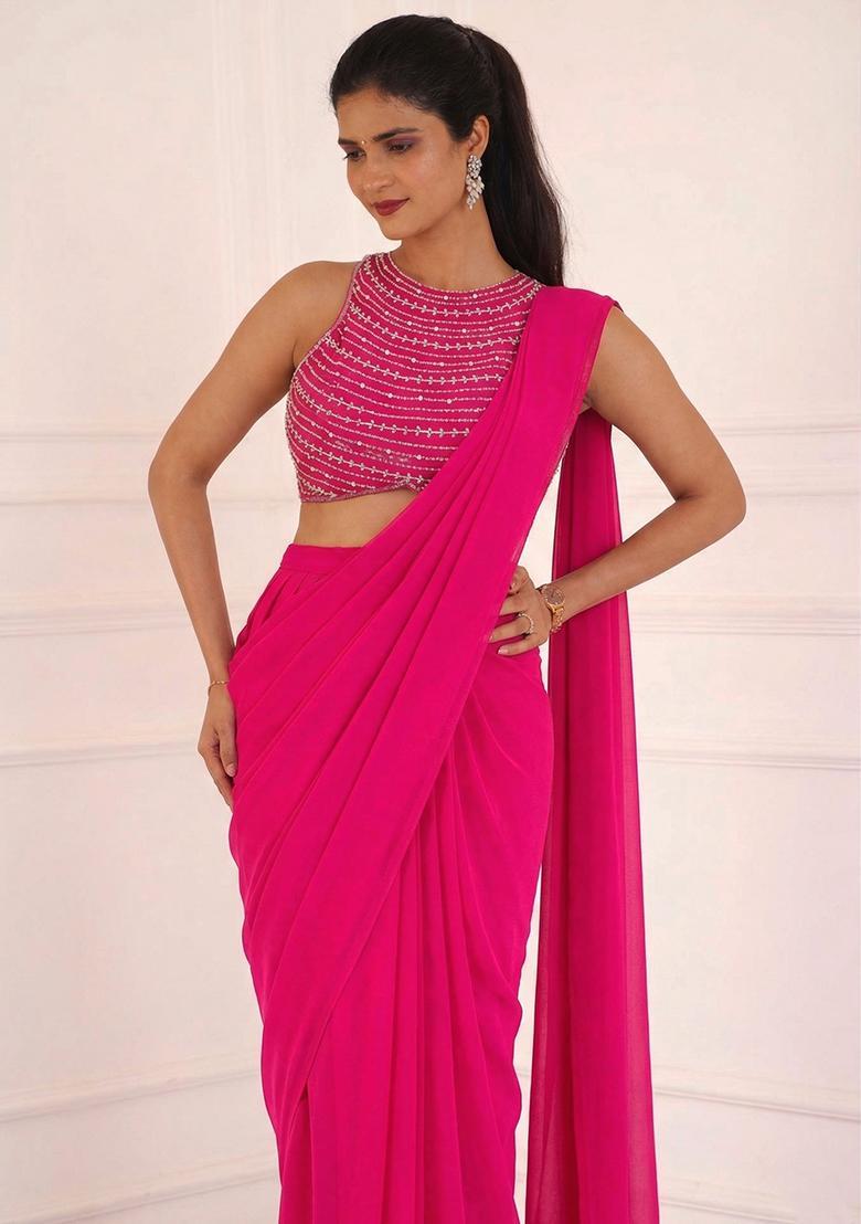 Hot Pink Georgette Embellished Handwork Pre Draped Saree Set - Indya